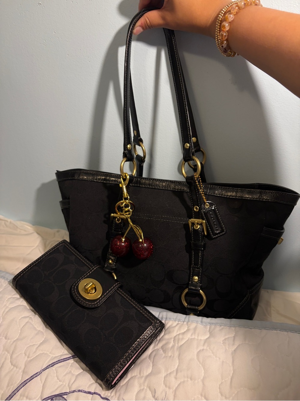 Coach Black Tote with Red Cherry Charm